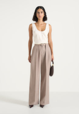 Jodie - Belted Box Pleat Tailored Trousers - Taupe