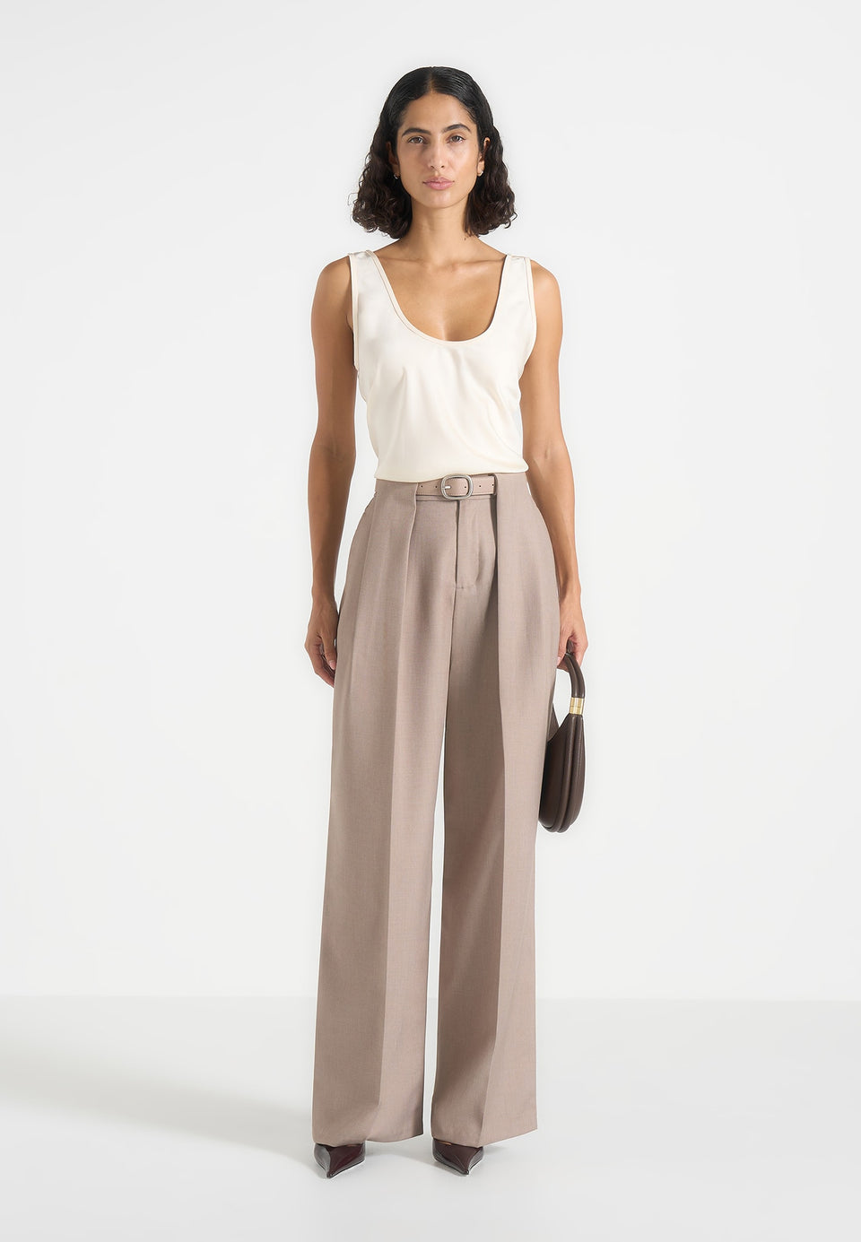 Jodie - Belted Box Pleat Tailored Trousers - Taupe