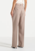 Jodie - Belted Box Pleat Tailored Trousers - Taupe