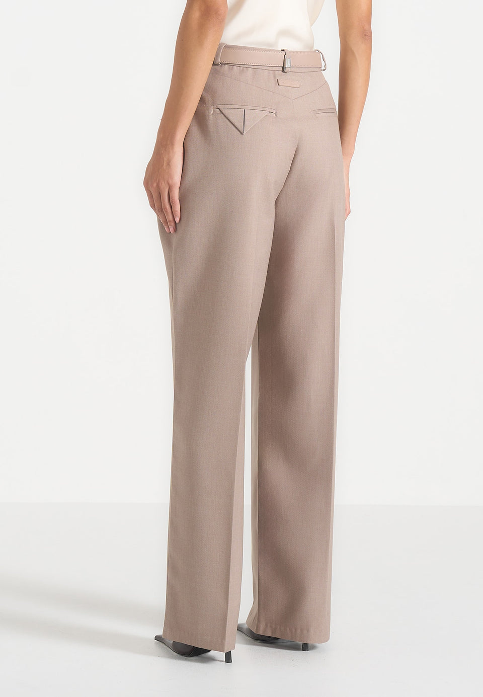 Jodie - Belted Box Pleat Tailored Trousers - Taupe