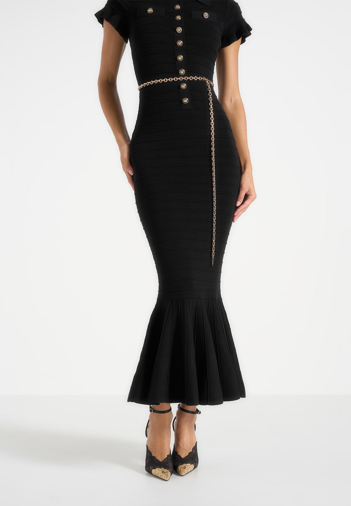 Fantine - Fluted Hem Ottoman Knit Midi Dress - Black