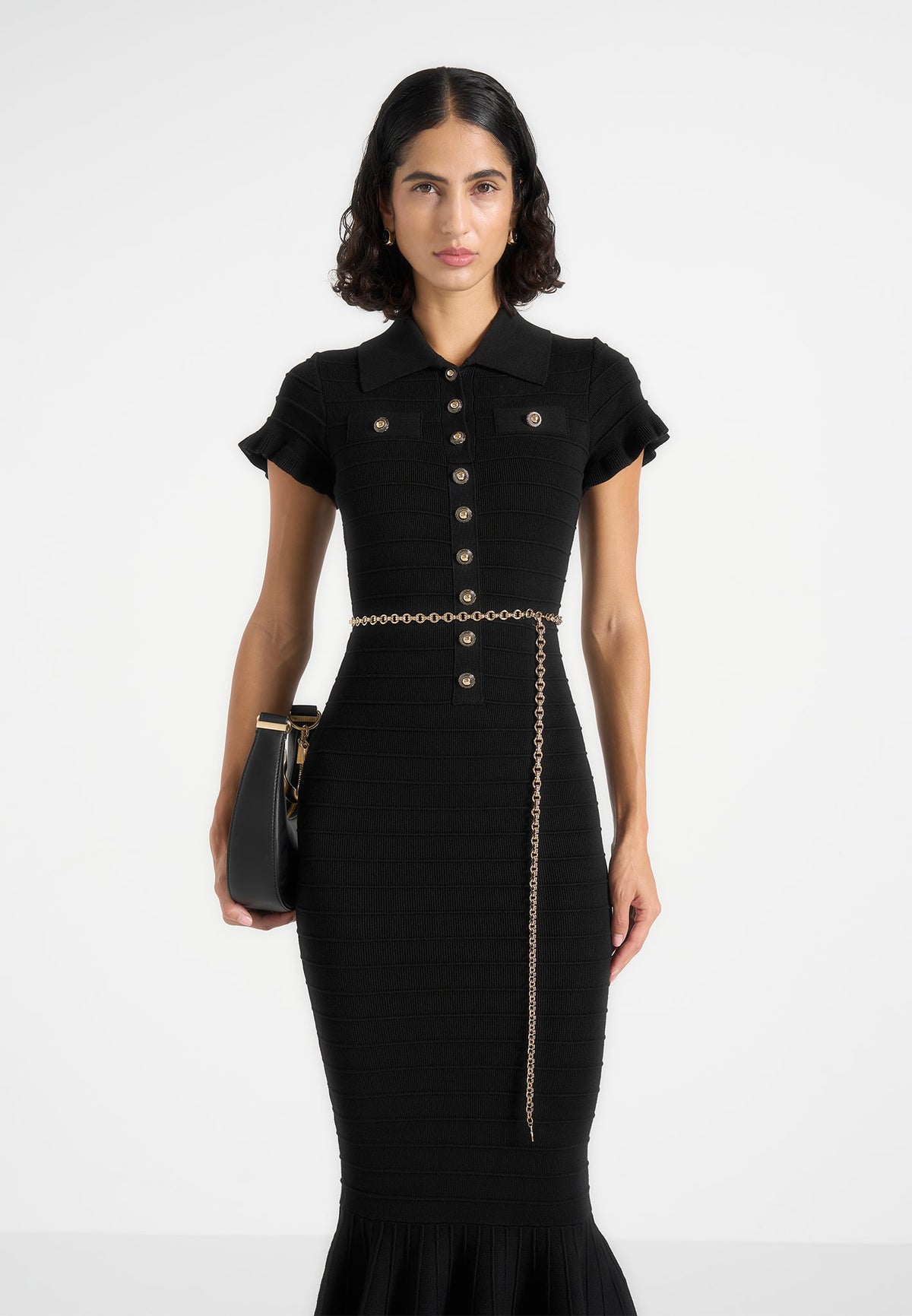 Fantine - Fluted Hem Ottoman Knit Midi Dress - Black