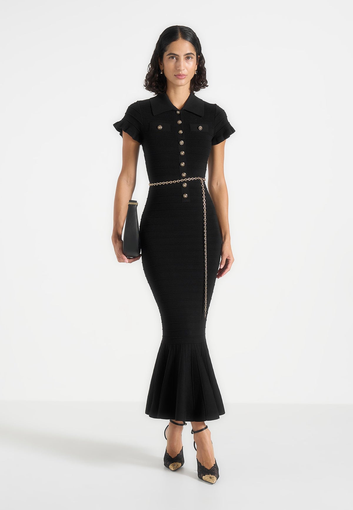 Fantine - Fluted Hem Ottoman Knit Midi Dress - Black