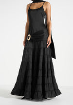 Naomi - Cami Satin Tiered Belted Maxi Dress - Black