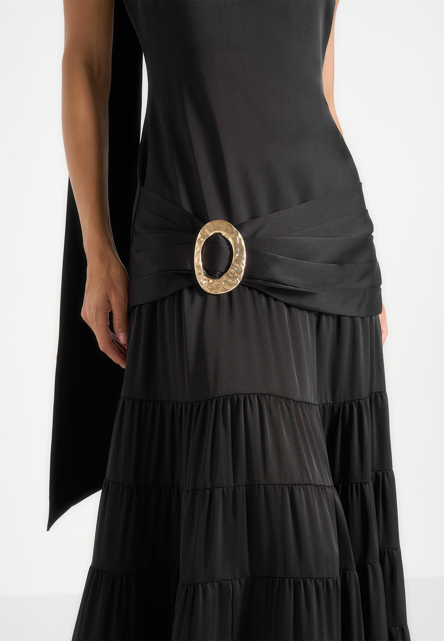 Naomi - Cami Satin Tiered Belted Maxi Dress - Black