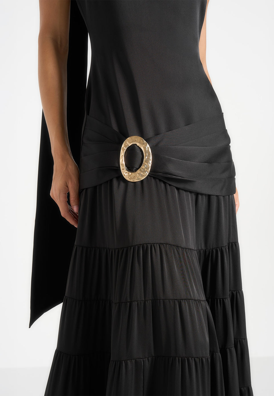 Naomi - Cami Satin Tiered Belted Maxi Dress - Black
