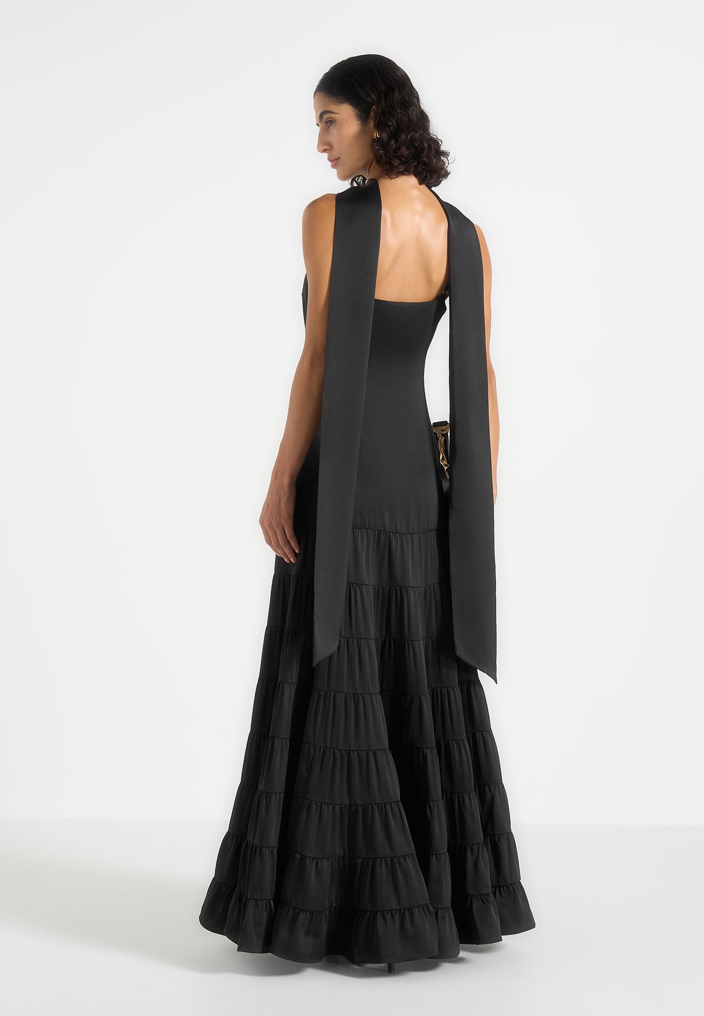 Naomi - Cami Satin Tiered Belted Maxi Dress - Black