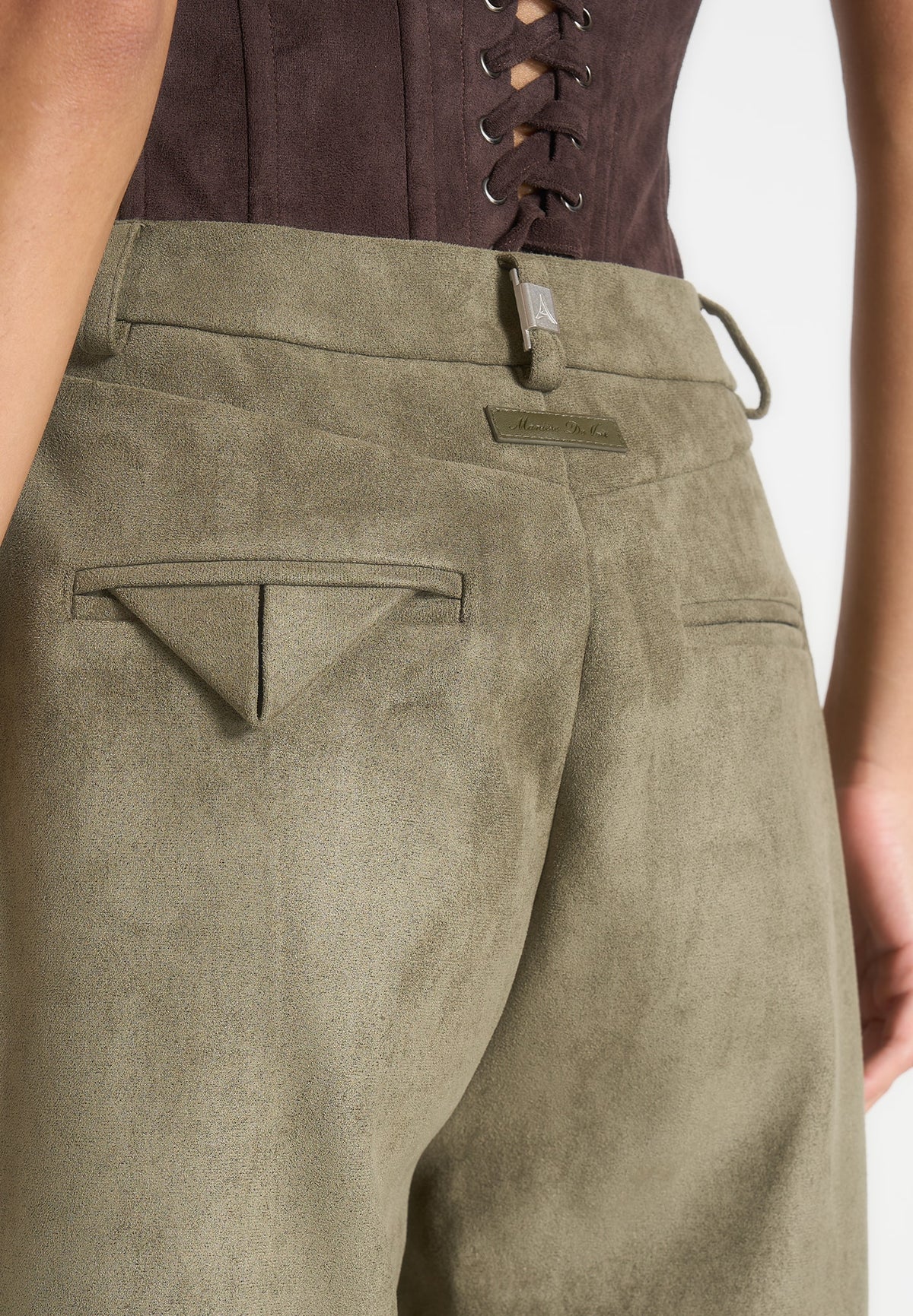 Solene - Suede Wide Leg Pleated Trousers - Dark Sage