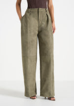 Solene - Suede Wide Leg Pleated Trousers - Dark Sage