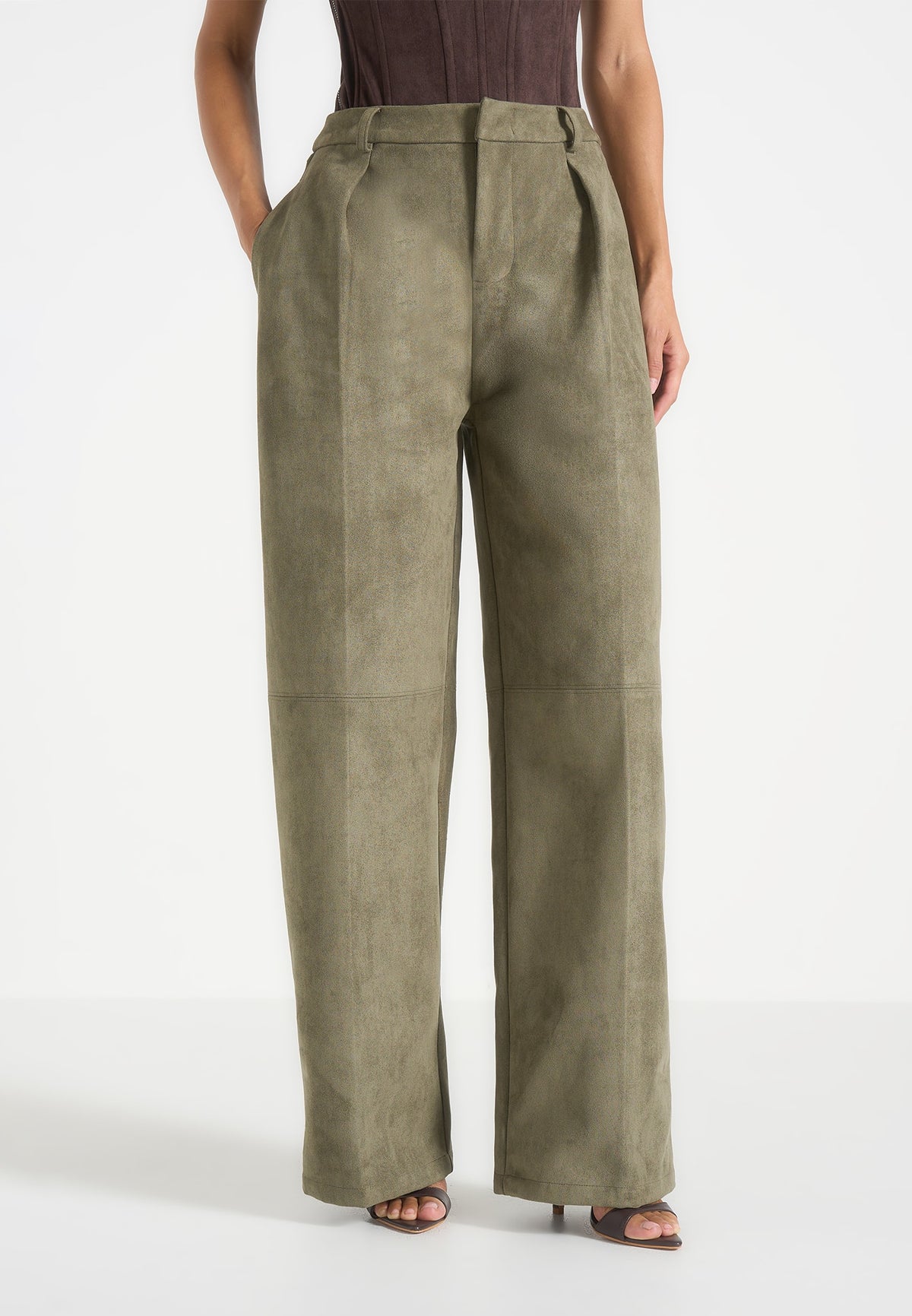 Solene - Suede Wide Leg Pleated Trousers - Dark Sage