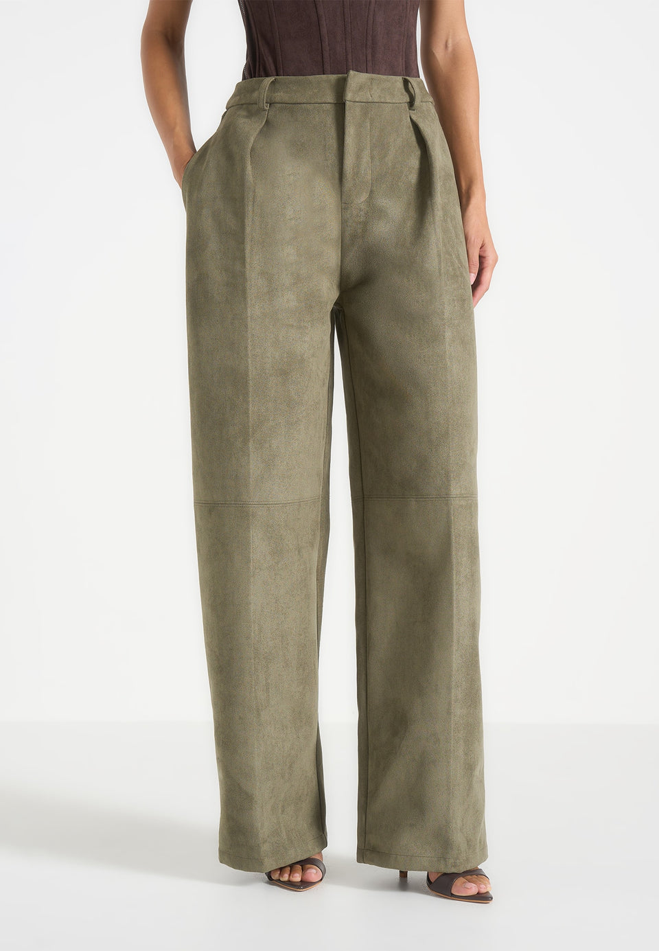 Solene - Suede Wide Leg Pleated Trousers - Dark Sage