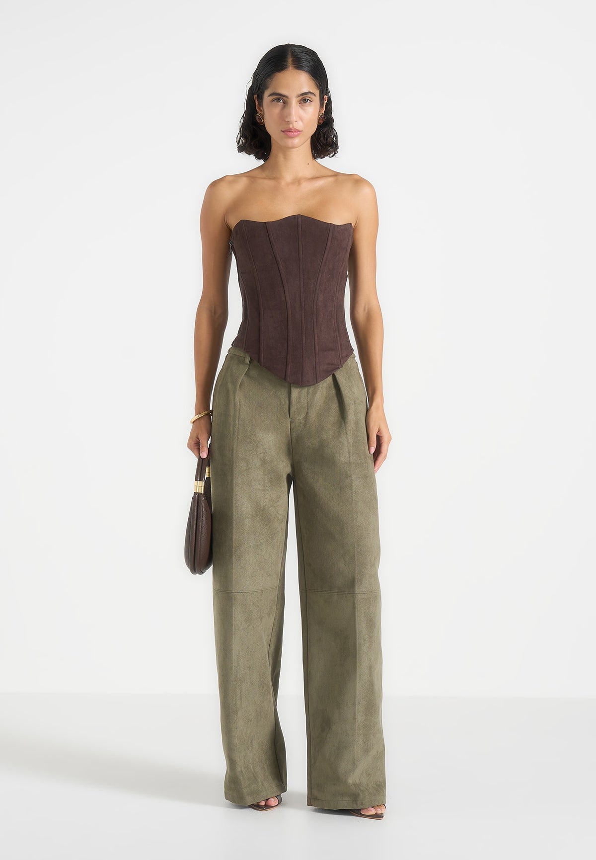 Solene - Suede Wide Leg Pleated Trousers - Dark Sage