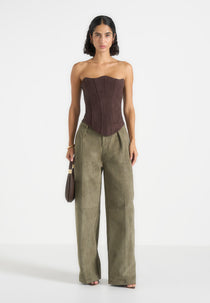 Solene - Suede Wide Leg Pleated Trousers - Dark Sage