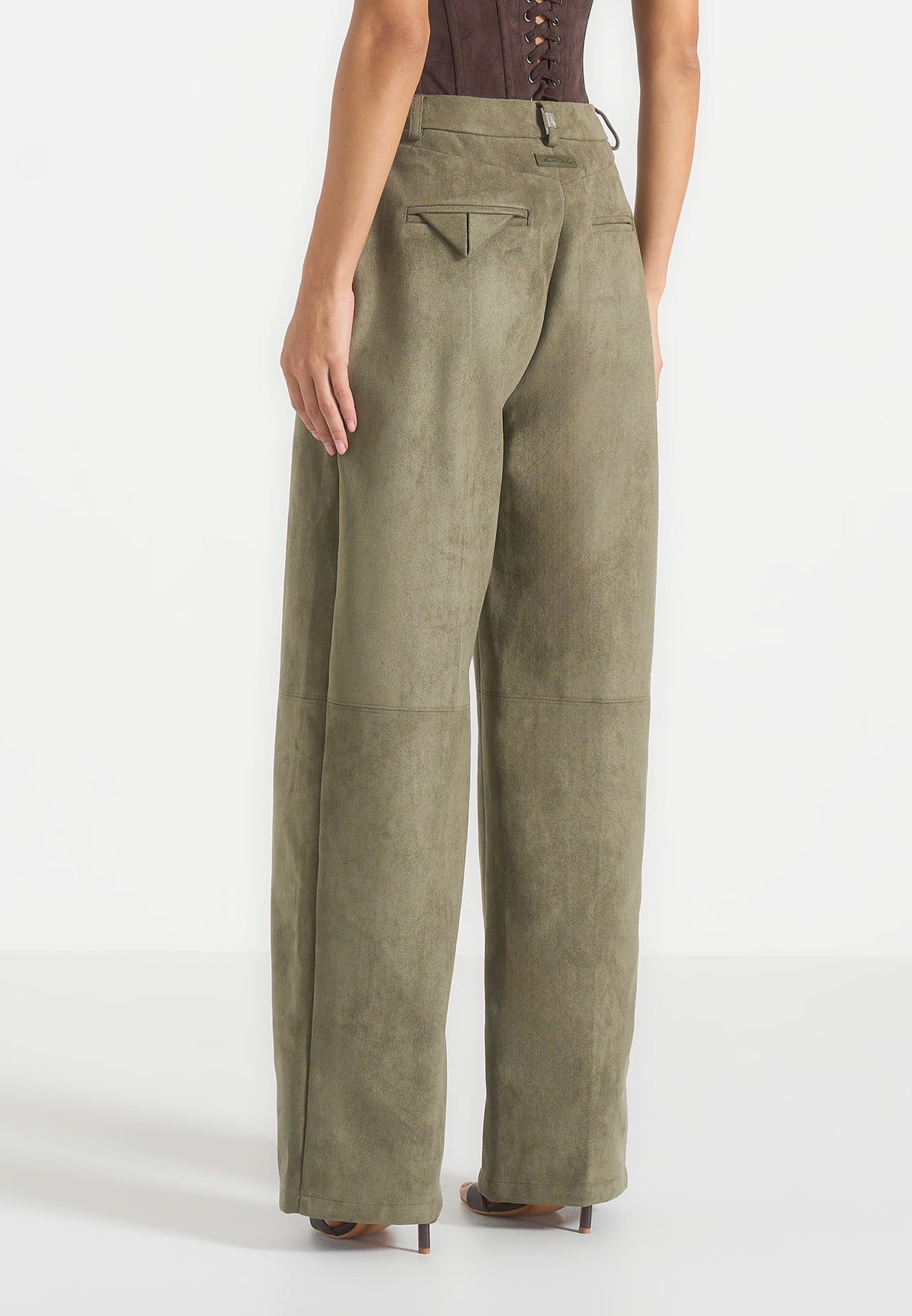 Solene - Suede Wide Leg Pleated Trousers - Dark Sage