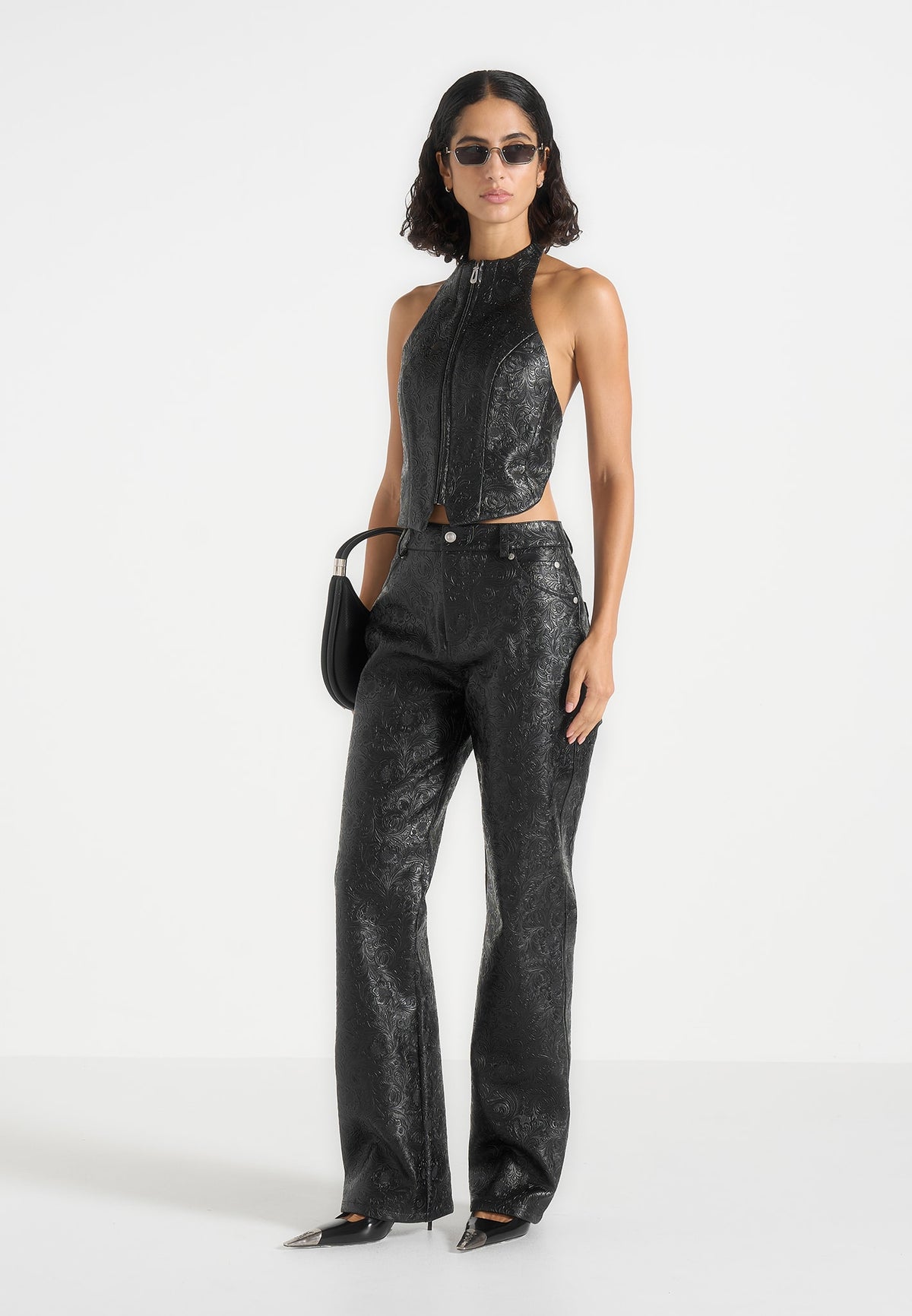 Claudette - Embossed Leather Halterneck Backless Top - Black