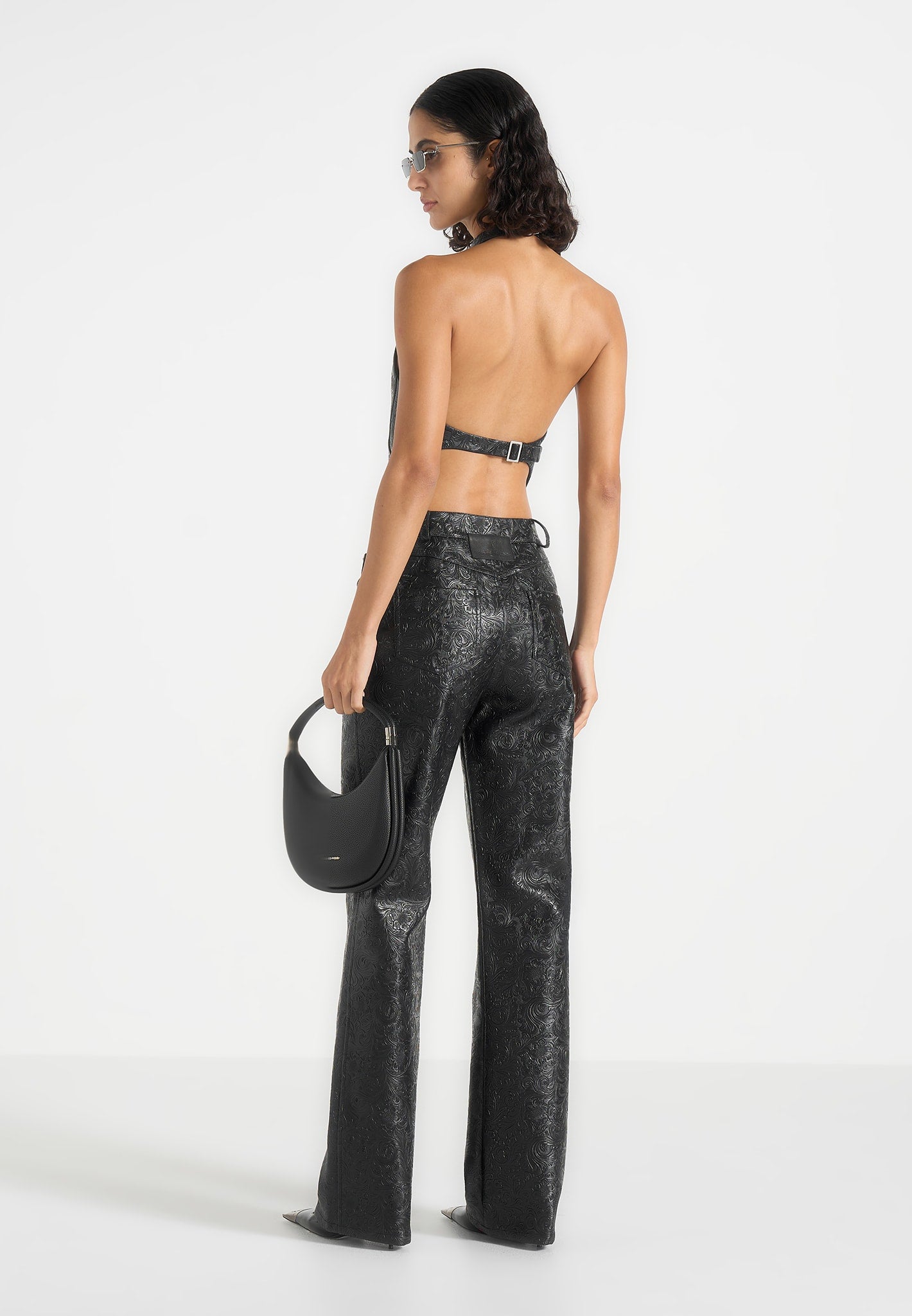 Claudette - Embossed Leather Halterneck Backless Top - Black