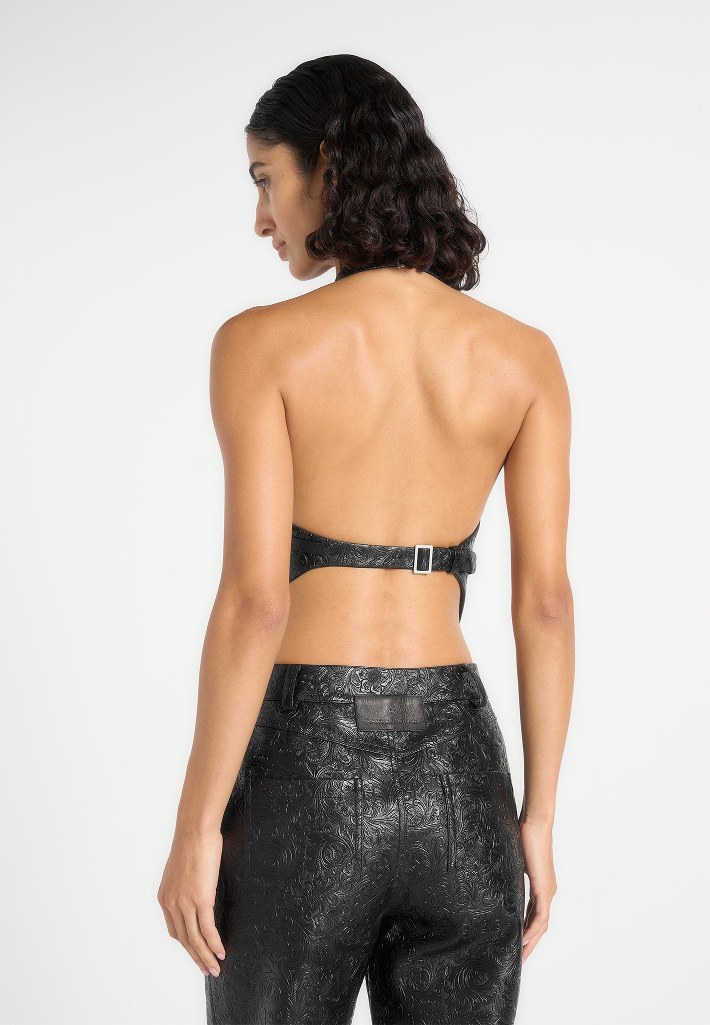 Claudette - Embossed Leather Halterneck Backless Top - Black