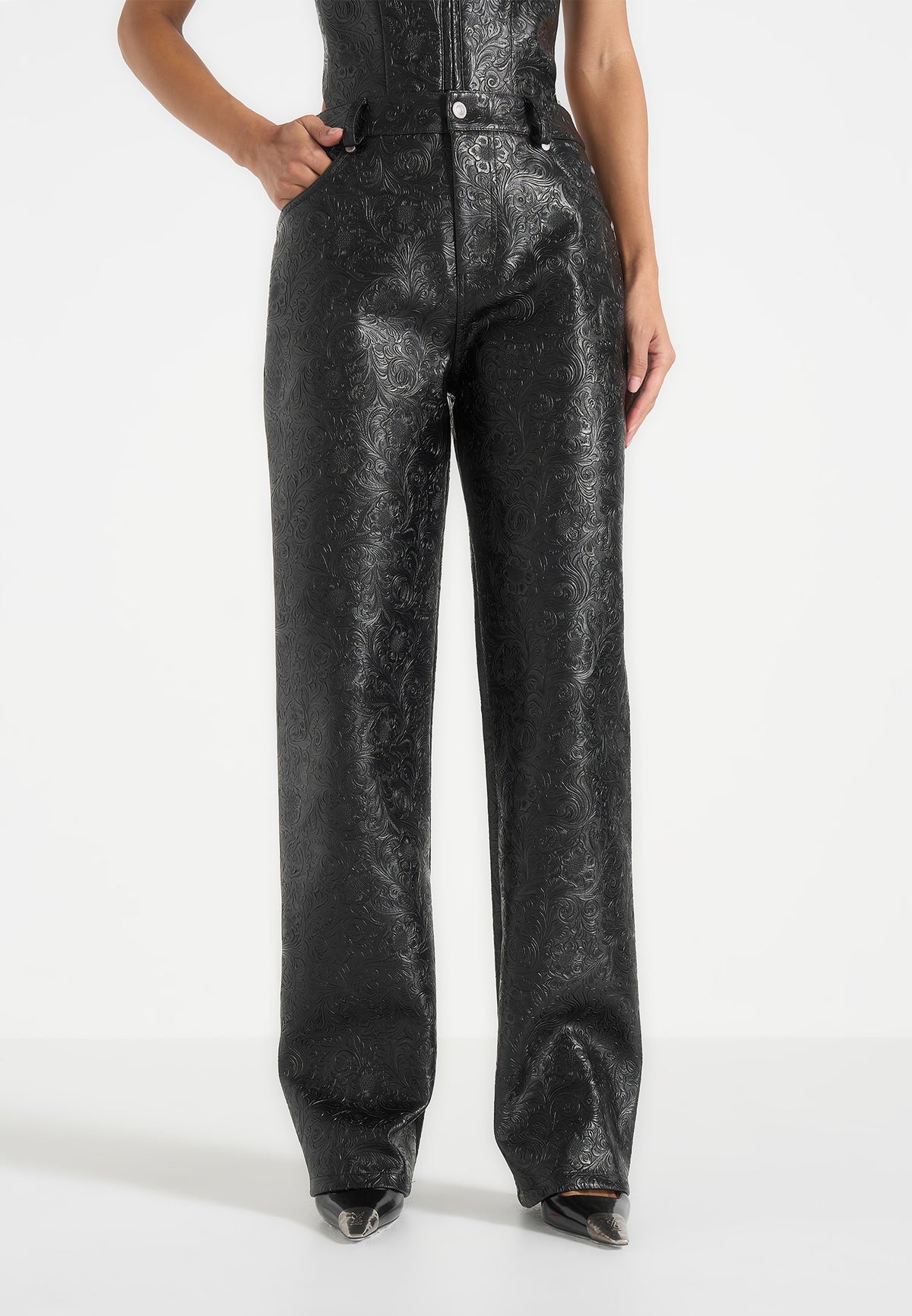 Ruth - Embossed Leather Mid Rise Trousers - Black