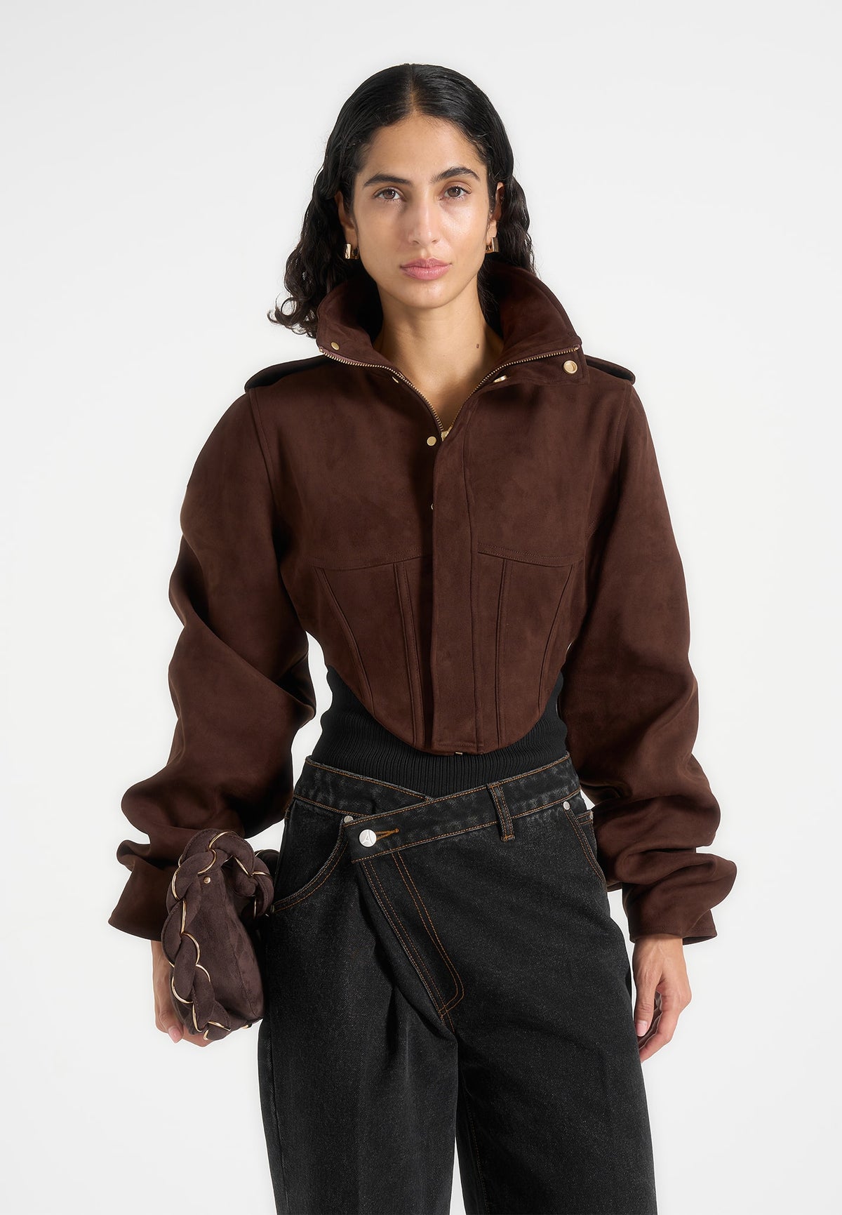 Solange - Suede Tacked Sleeve Corset Jacket - Brown