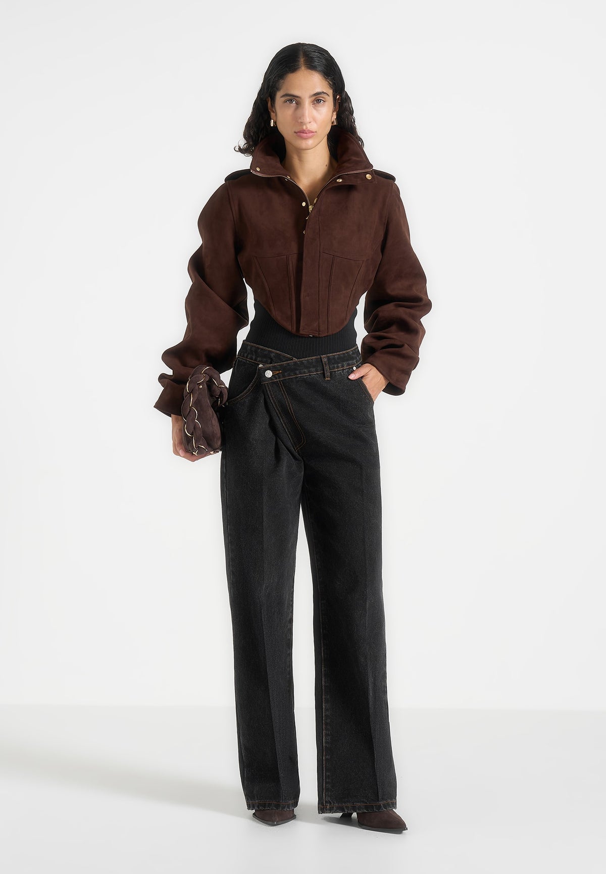 Solange - Suede Tacked Sleeve Corset Jacket - Brown
