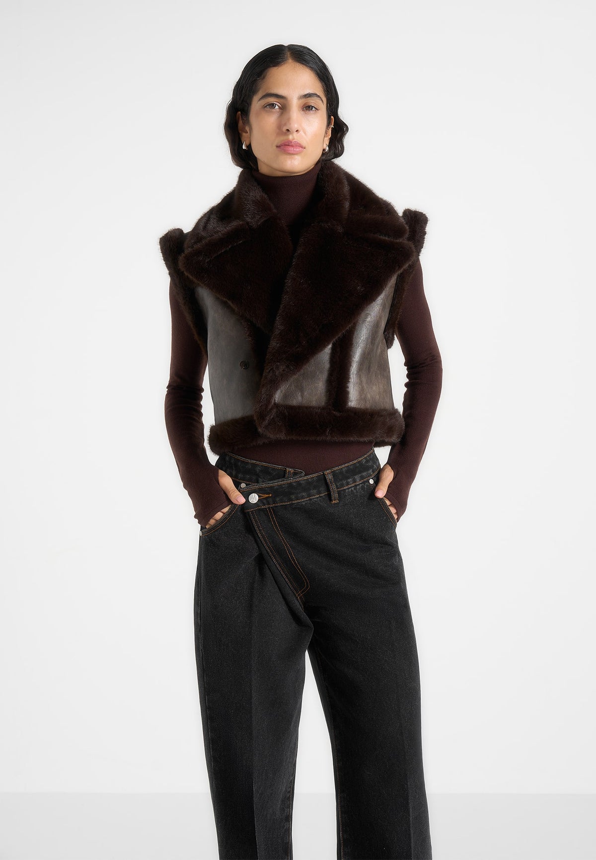 Kena - Vintage Leather & Plush 2-in-1 Gilet Jacket - Brown