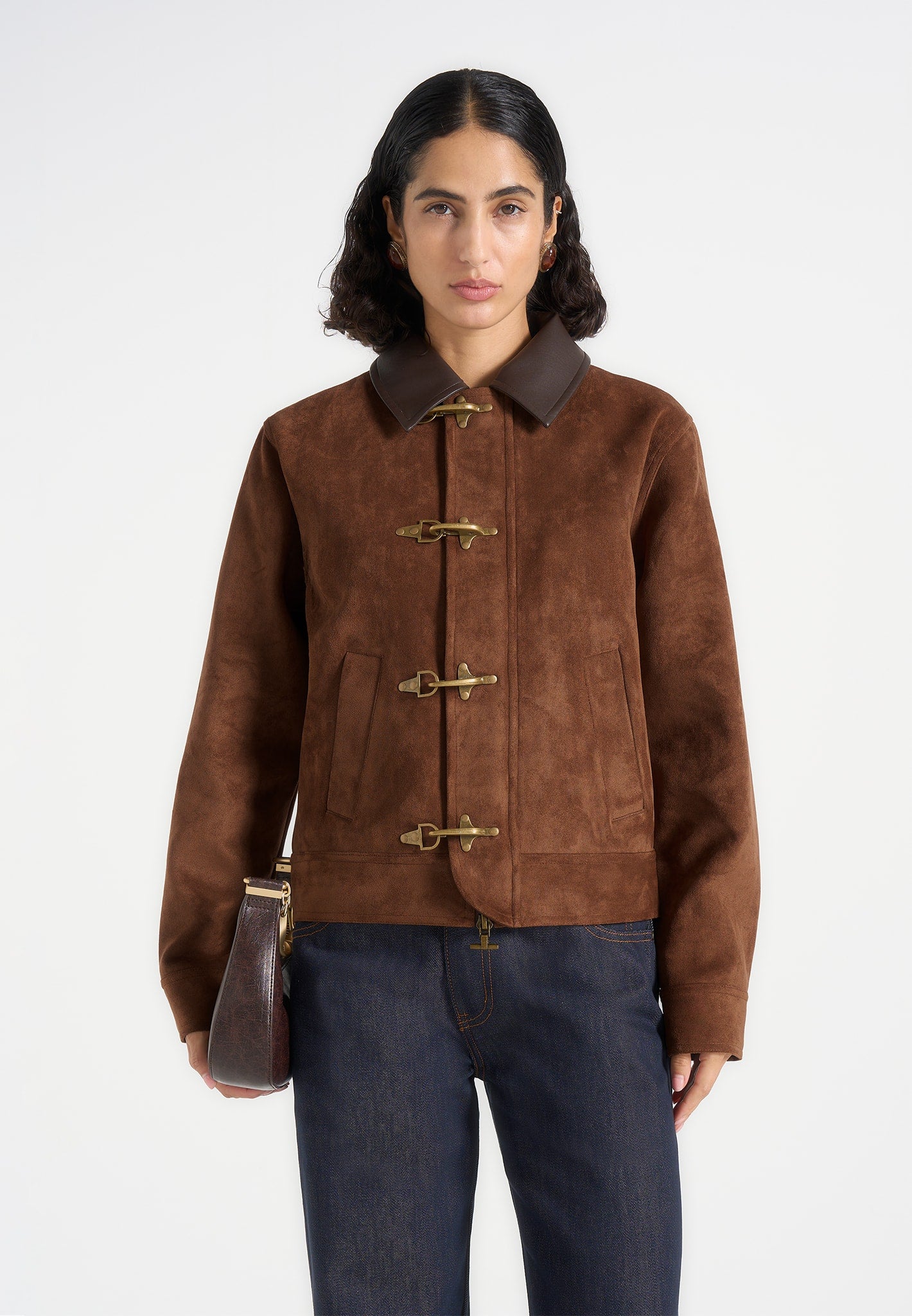 Nino - Unisex Clasp Detail Contrast Stitch Suede Jacket - Tan