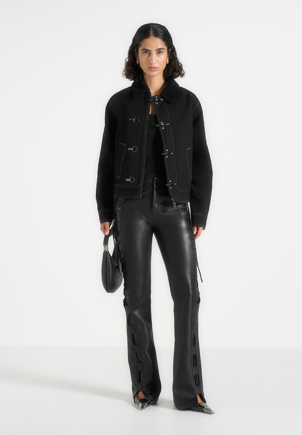 Nino - Unisex Clasp Detail Contrast Stitch Gabardine Jacket - Black