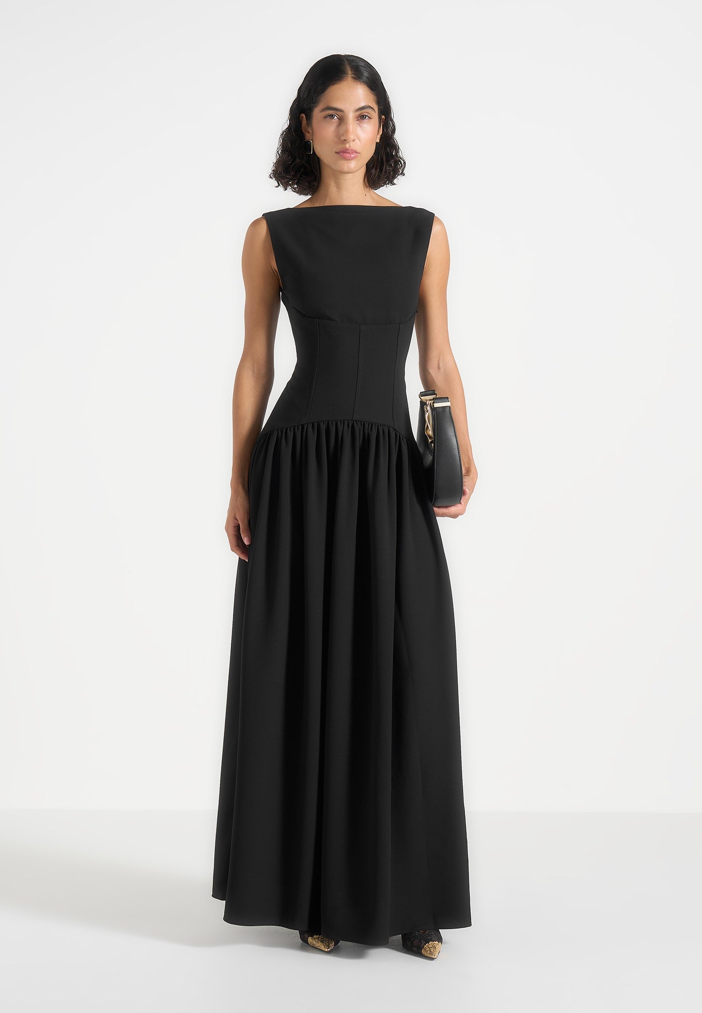Zadie - Boat Neck Corset Maxi Dress - Black