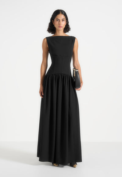 Zadie - Boat Neck Corset Maxi Dress - Black