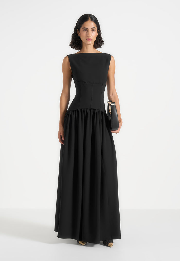 Zadie - Boat Neck Corset Maxi Dress - Black