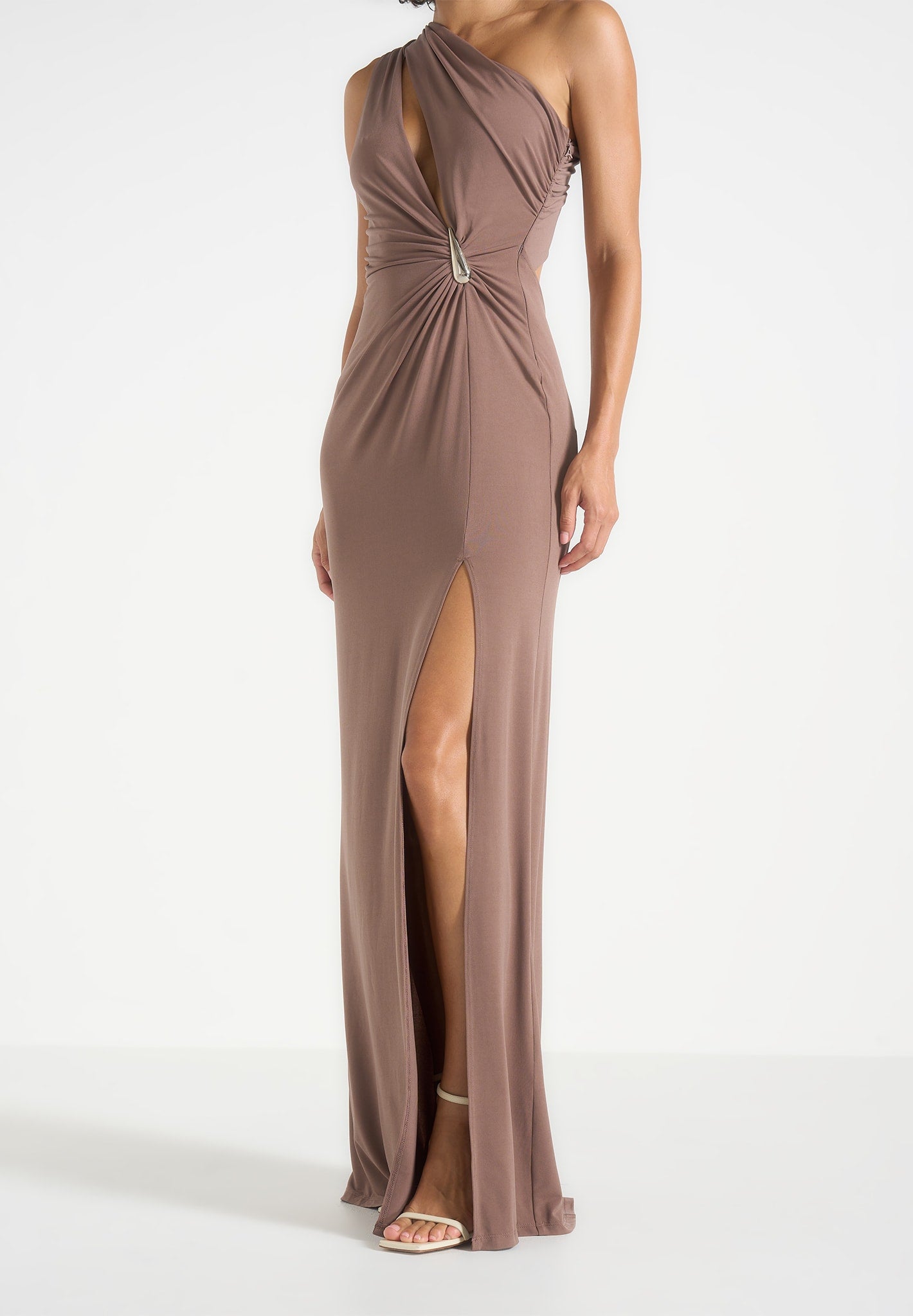 Vanessa - Asymmetric Ruched Teardrop Detail Maxi Dress - Taupe