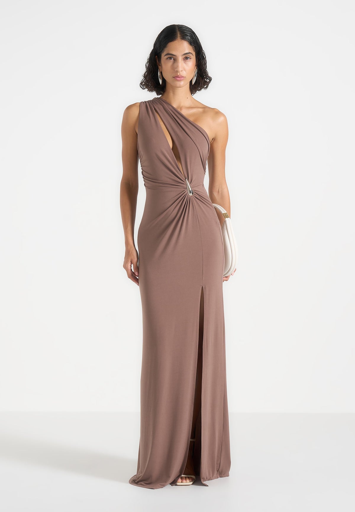 Vanessa - Asymmetric Ruched Teardrop Detail Maxi Dress - Taupe