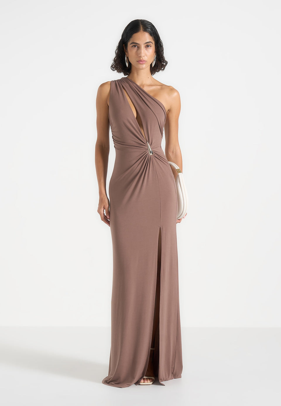 Vanessa - Asymmetric Ruched Teardrop Detail Maxi Dress - Taupe