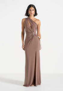 Vanessa - Asymmetric Ruched Teardrop Detail Maxi Dress - Taupe