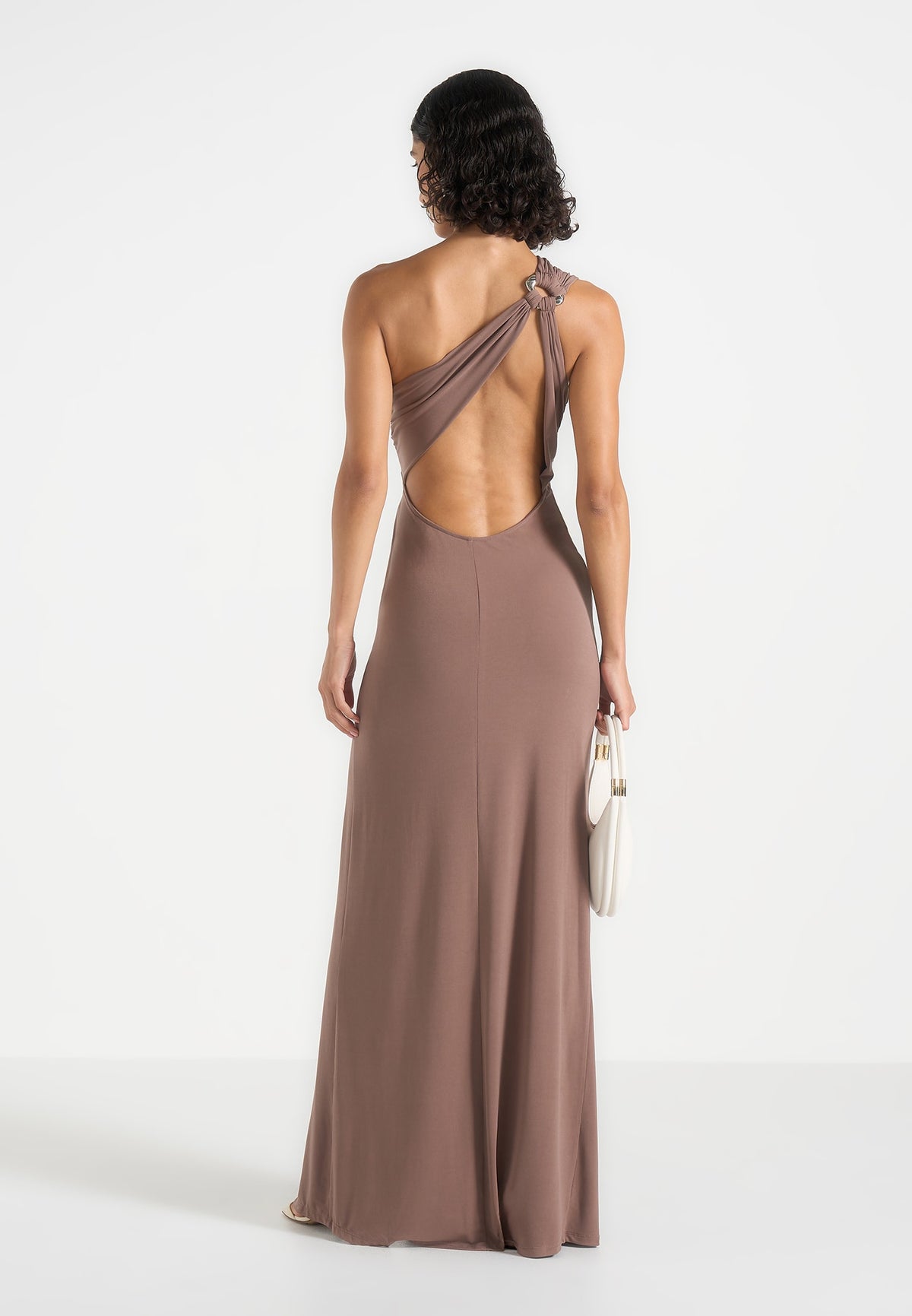 Vanessa - Asymmetric Ruched Teardrop Detail Maxi Dress - Taupe