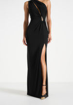 Vanessa - Asymmetric Ruched Teardrop Detail Maxi Dress - Black