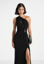 Vanessa - Asymmetric Ruched Teardrop Detail Maxi Dress - Black
