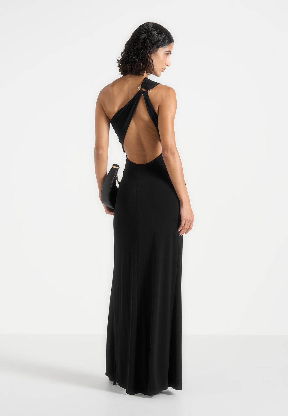 Vanessa - Asymmetric Ruched Teardrop Detail Maxi Dress - Black