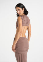 Ashley - Asymmetric Cut Out Hardware Detail Maxi Dress - Taupe