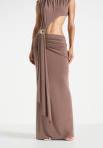 Ashley - Asymmetric Cut Out Hardware Detail Maxi Dress - Taupe