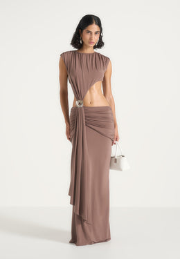 Ashley - Asymmetric Cut Out Hardware Detail Maxi Dress - Taupe