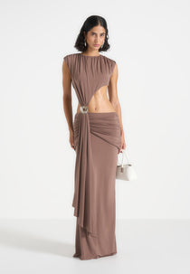 Ashley - Asymmetric Cut Out Hardware Detail Maxi Dress - Taupe