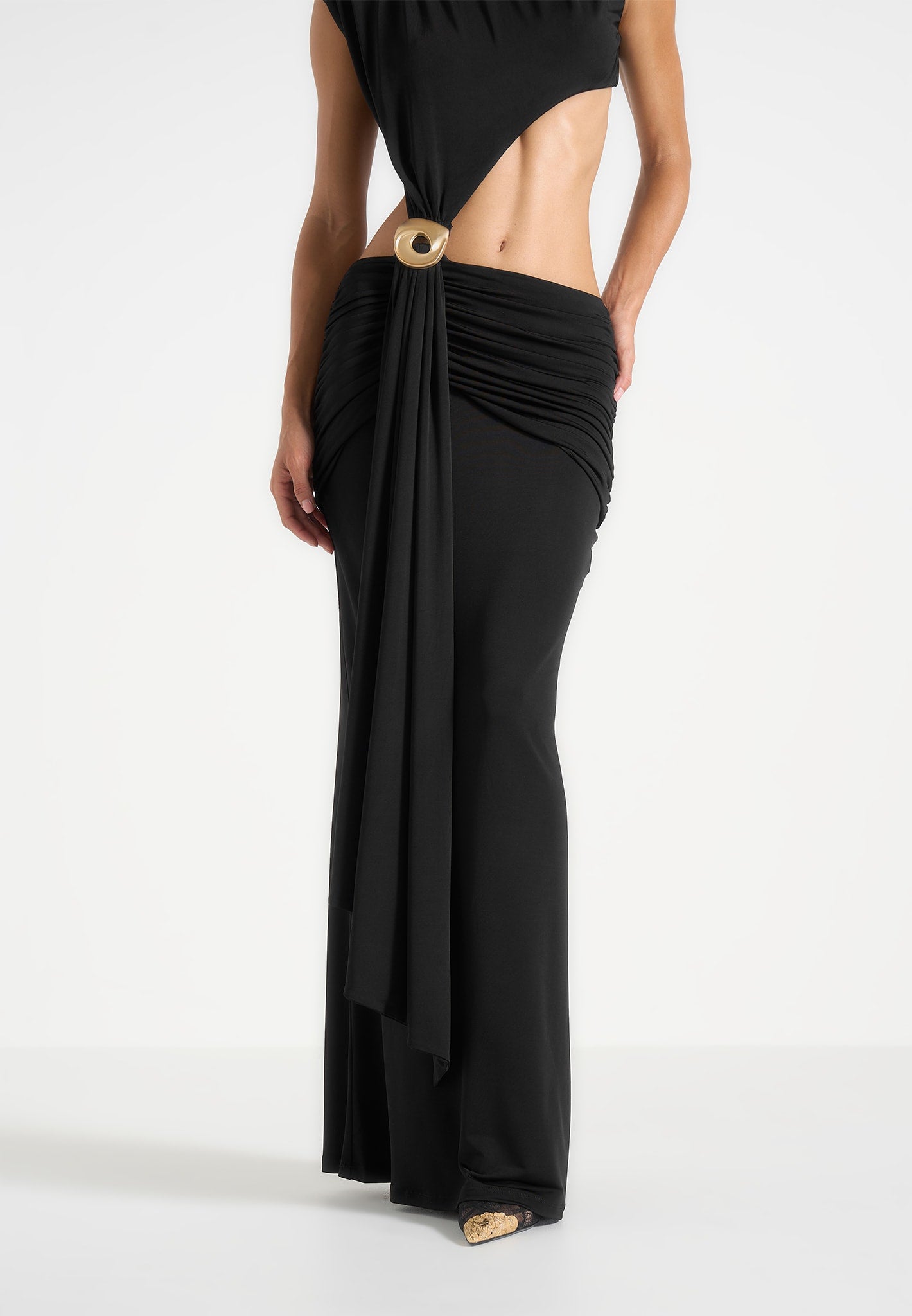 Ashley - Asymmetric Cut Out Hardware Detail Maxi Dress - Black