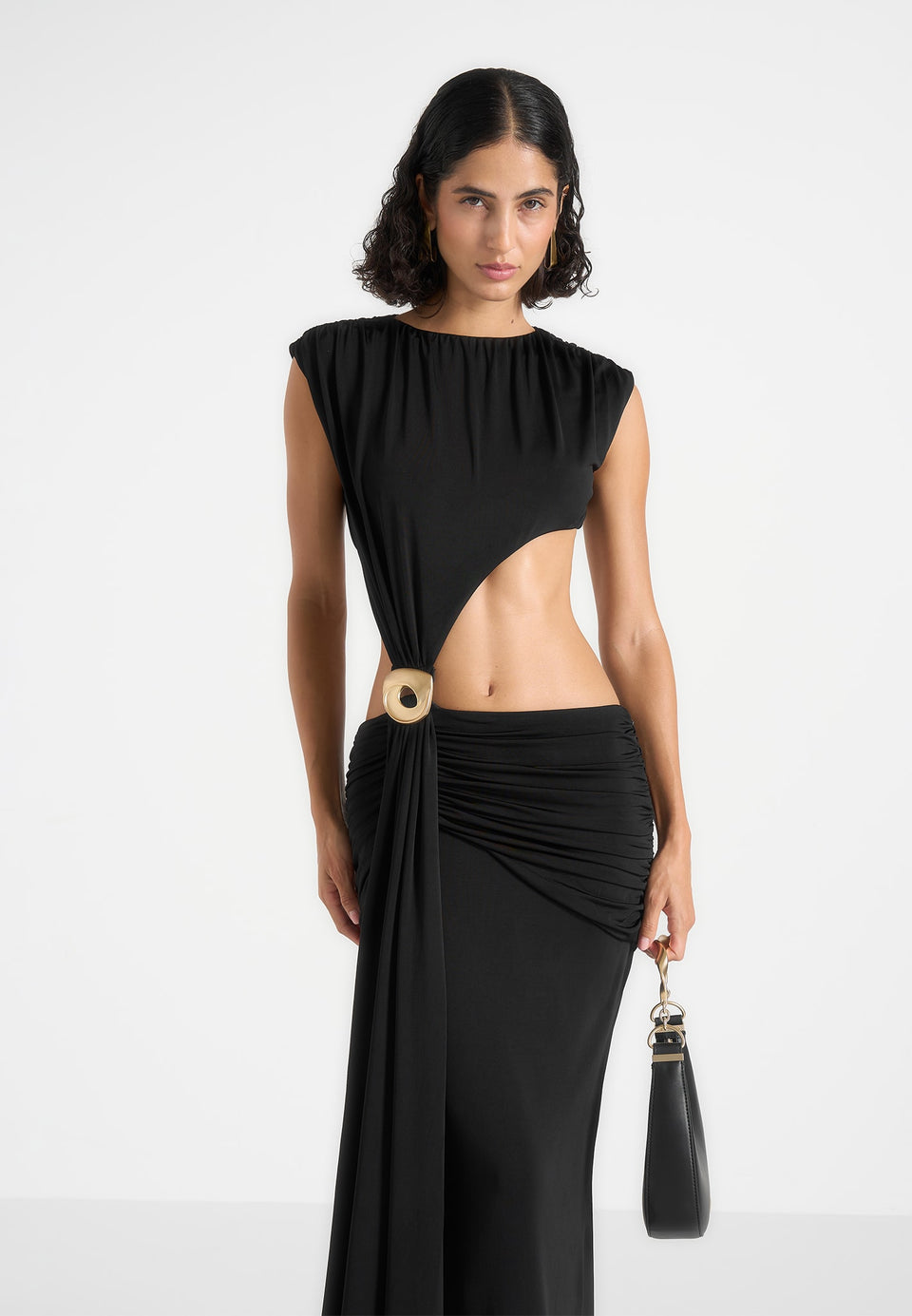 Ashley - Asymmetric Cut Out Hardware Detail Maxi Dress - Black