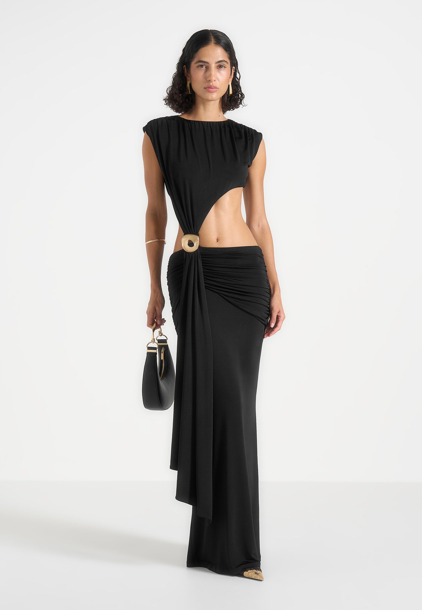 Ashley - Asymmetric Cut Out Hardware Detail Maxi Dress - Black