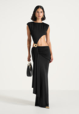 Ashley - Asymmetric Cut Out Hardware Detail Maxi Dress - Black