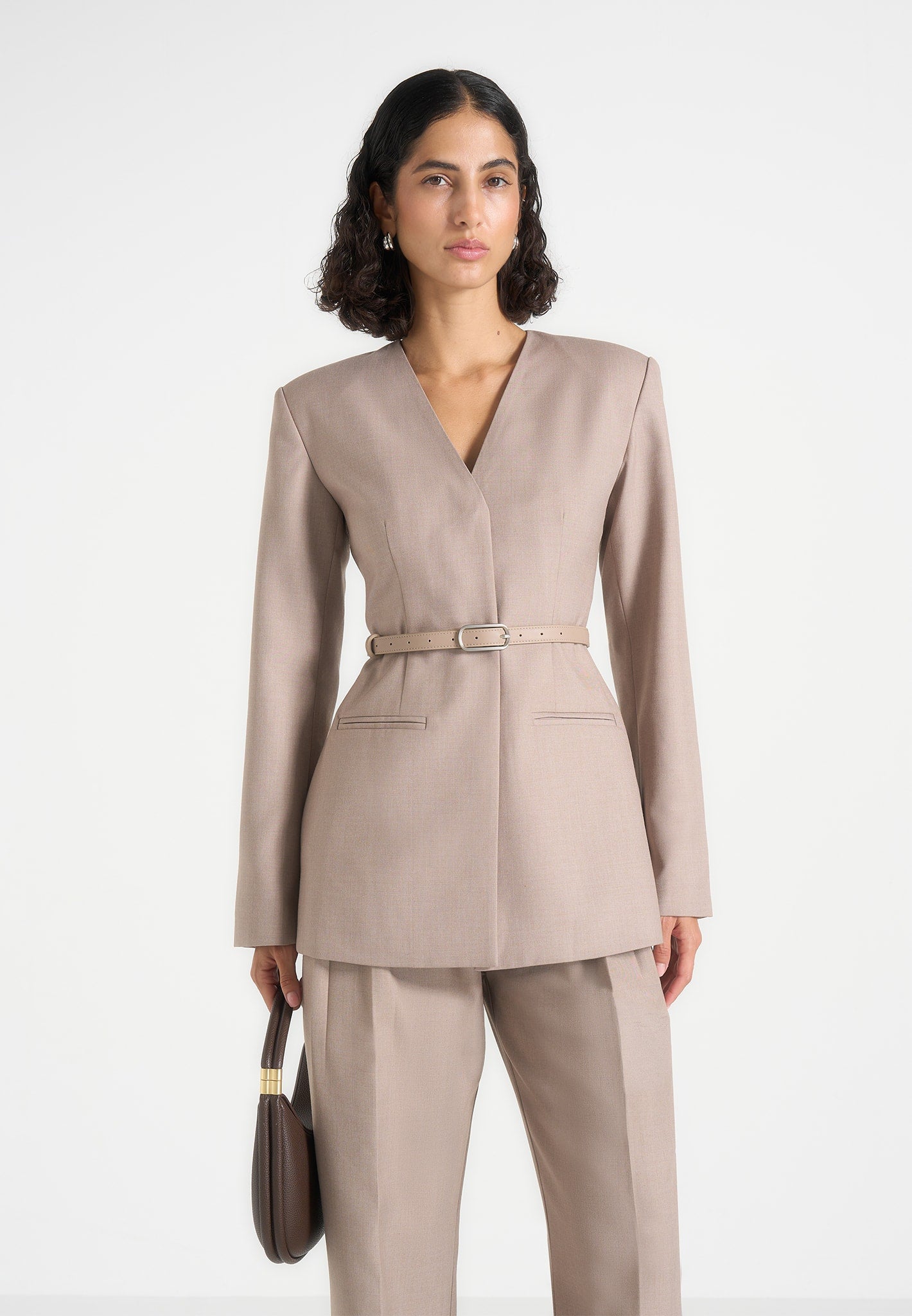 Alesia - Tailored Belted Kimono Blazer - Taupe