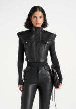 Imelda - Leather Cropped Wide Shoulder Sleeveless Jacket - Black