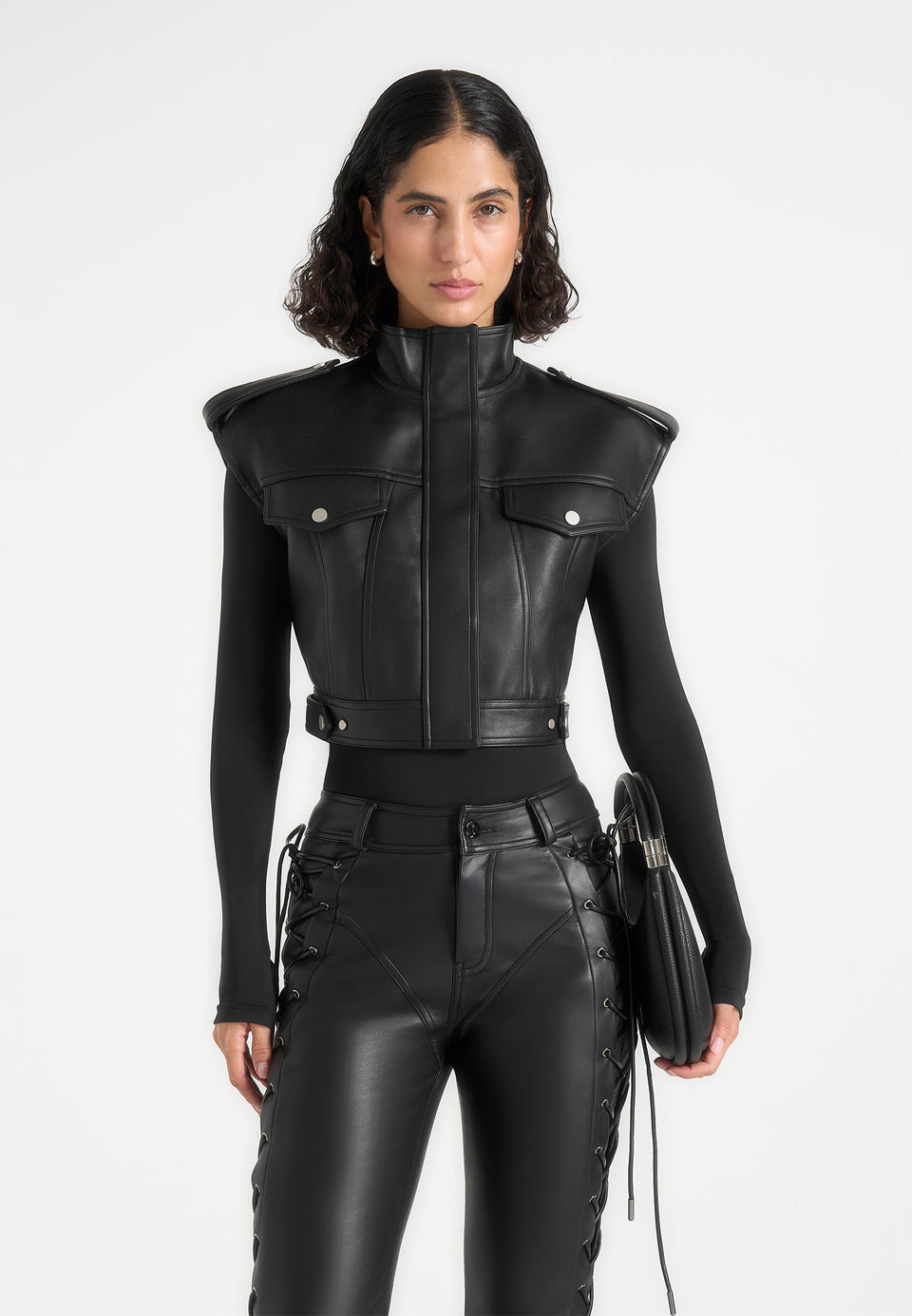 Imelda - Leather Cropped Wide Shoulder Sleeveless Jacket - Black