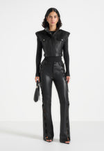 Imelda - Leather Cropped Wide Shoulder Sleeveless Jacket - Black